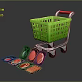 Green Shopping Cart With Red Handle And Various Colored Meat Pieces On Black Tray