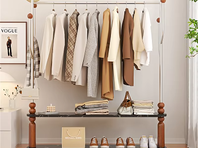 Modern Clothes Rack with Hanging Coats Shirts Marble Shelf and Shoes Handbag in Room 3d model