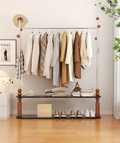 Modern Clothes Rack with Hanging Coats Shirts Marble Shelf and Shoes Handbag in Room 3d model
