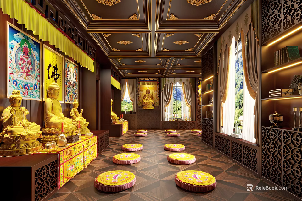 Religious Buddhist Temple Interior Featuring Golden Buddha Statues Yellow Cushions And Decorative Ceiling 3d model 