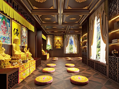 Religious Buddhist Temple Interior Featuring Golden Buddha Statues Yellow Cushions And Decorative Ceiling 3d model