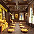 Religious Buddhist Temple Interior Featuring Golden Buddha Statues Yellow Cushions And Decorative Ceiling