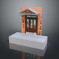 Architectural Scenery Of Red Brick Building With Porch Arched Door Decorative Roof And Gray Pedestal