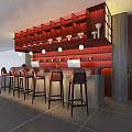 Modern Bar Counter With Red Wooden Wine Rack Stools Pendant Lights And Green Plant