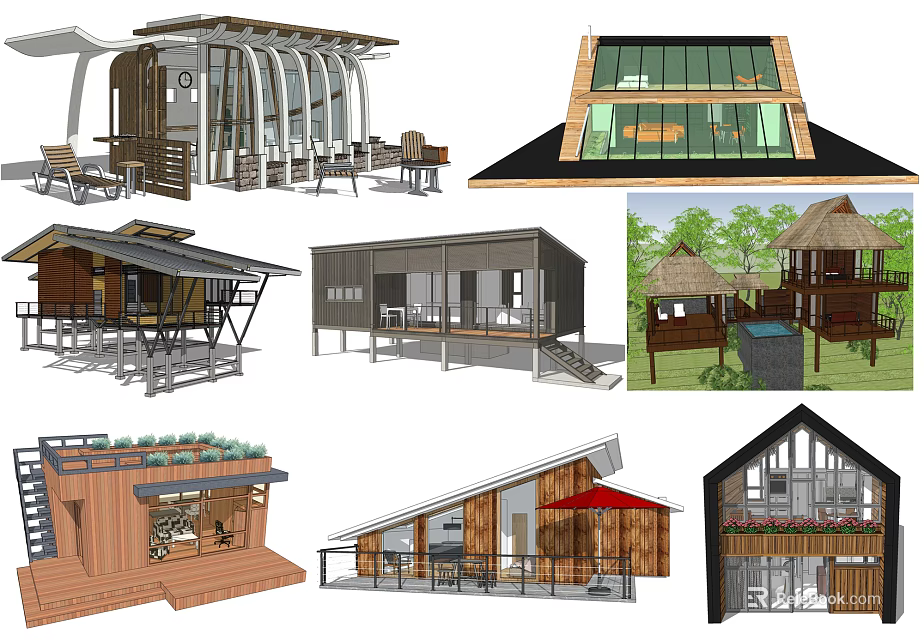 Modern Wooden House Designs With Diverse Roof Styles And Outdoor Terraces 3d model 
