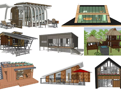 Modern Wooden House Designs With Diverse Roof Styles And Outdoor Terraces 3d model