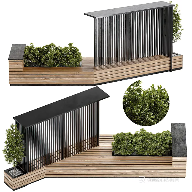 Roadside Facilities Featuring Wooden Platform Black Railings And Green Plants 3d model 