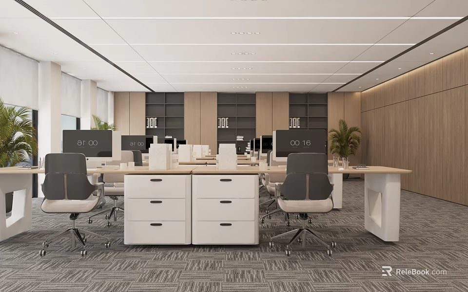 Modern Public Office Space With Ergonomic Chairs Multiple Desks And Potted Plants 3d model 