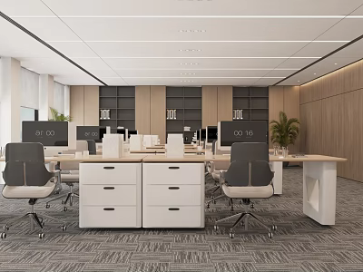 Modern Public Office Space With Ergonomic Chairs Multiple Desks And Potted Plants 3d model