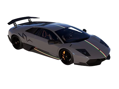 Gray Sports Car Exterior With Black Rear Spoiler Colorful Side Stripes And Black Roof 3d model