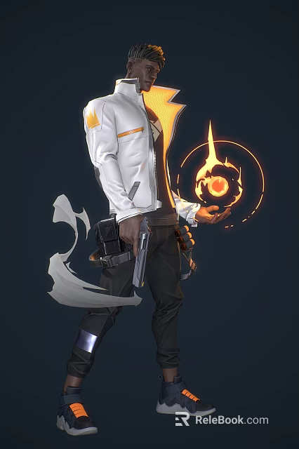 Man in White Jacket with Orange Stripes Holding Flaming Orb and Gun at Waist 3d model 
