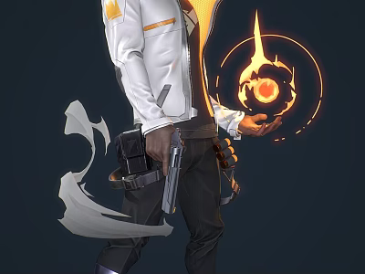 Man in White Jacket with Orange Stripes Holding Flaming Orb and Gun at Waist 3d model
