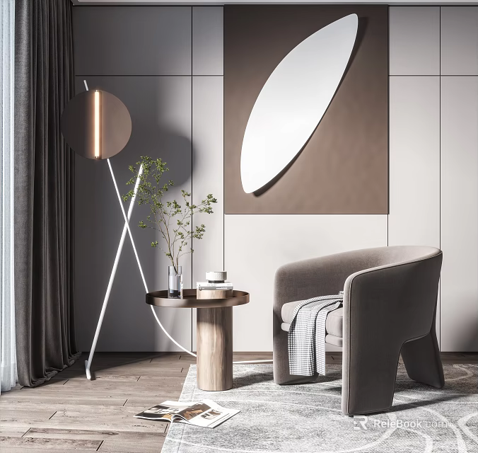 Modern Single Sofa Living Room Setup With Floor Lamp Round Table Green Plant And Wall Mirror 3d model 