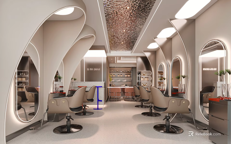 Modern Elegant Beauty Hair Salon Interior Design With Unique Curved Mirrors And Comfortable Styling Chairs 3d model 