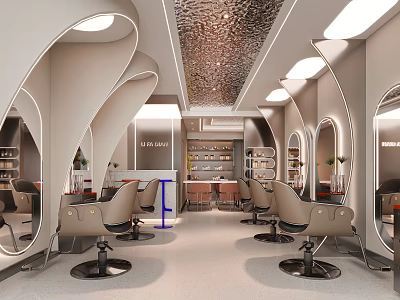 Modern Elegant Beauty Hair Salon Interior Design With Unique Curved Mirrors And Comfortable Styling Chairs 3d model