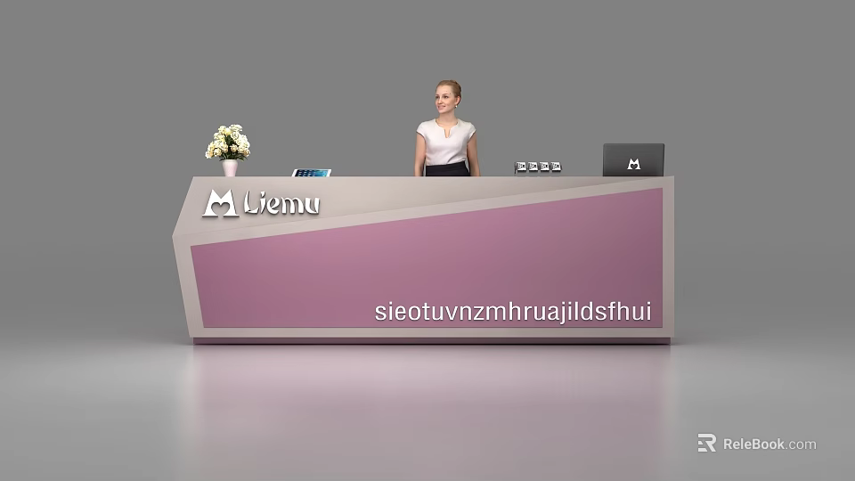 Elegant Pink and White Liemu Reception Desk with Flower Arrangement Laptop and Receptionist 3d model 