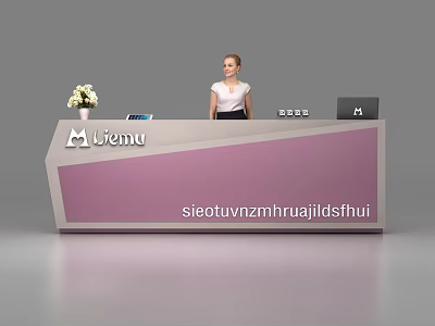 Elegant Pink and White Liemu Reception Desk with Flower Arrangement Laptop and Receptionist 3d model