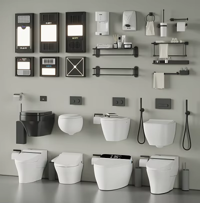 Modern Toilet Designs With Wall Hung Smart Models And Bathroom Accessories Towel Racks Shelves 3d model