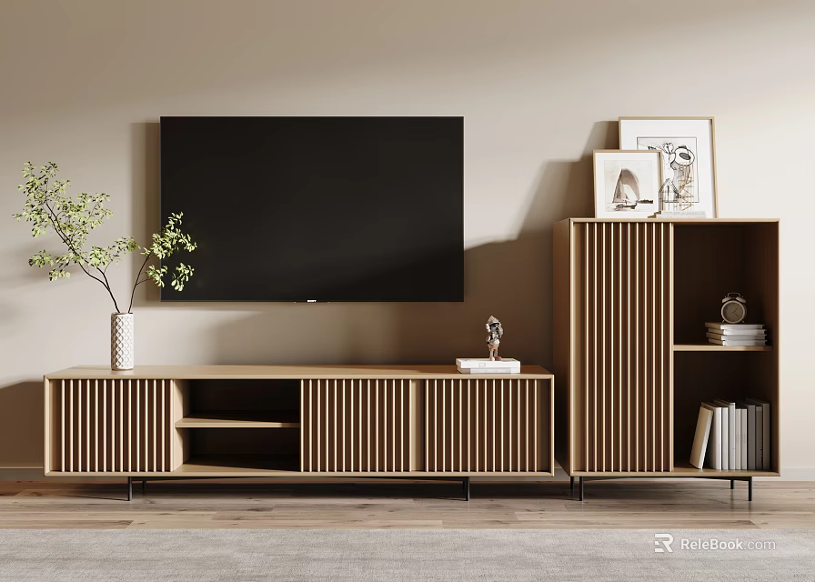 Modern Wooden TV Stand with Vertical Slats Flat Screen TV Decorative Items and Books 3d model 