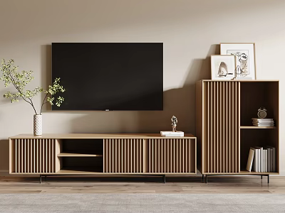 Modern Wooden TV Stand with Vertical Slats Flat Screen TV Decorative Items and Books 3d model