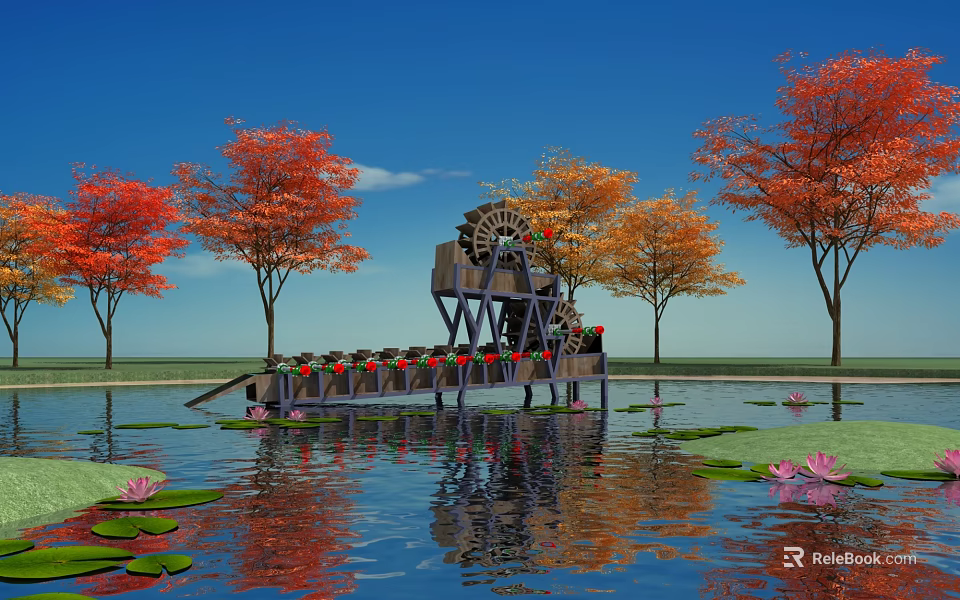 Garden Ornament With Waterwheel Colorful Autumn Trees Water Lilies And Flowers On Pond 3d model 