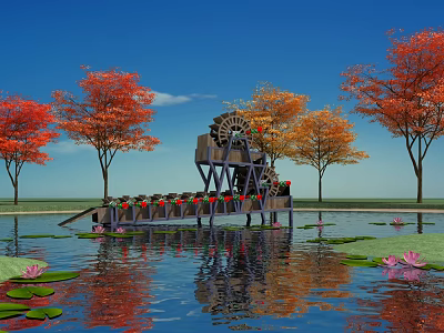 Garden Ornament With Waterwheel Colorful Autumn Trees Water Lilies And Flowers On Pond 3d model