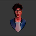 3D Digital Art Character Bust Young Man with Glasses Brown Hair Blue Jacket Gray Background