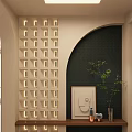 Stylish Entryway Hallway With Lighted Grid Wall Dark Accent Wall And Wooden Shelf Green Decor