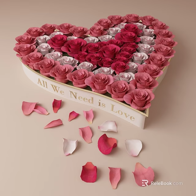 Heart Shaped Box Filled With Red And Pink Roses And Scattered Petals 3d model 