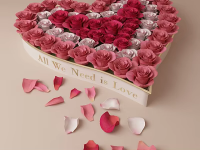 Heart Shaped Box Filled With Red And Pink Roses And Scattered Petals 3d model