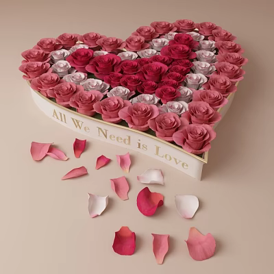 Heart Shaped Box Filled With Red And Pink Roses And Scattered Petals 3d model