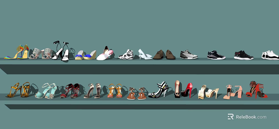 Various Style Shoes Collection Display On Shelves Including Heels Sneakers Sandals And More 3d model 