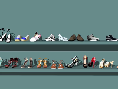 Various Style Shoes Collection Display On Shelves Including Heels Sneakers Sandals And More 3d model