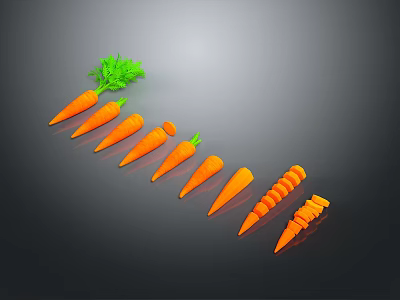 Fresh Carrots Whole and Sliced with Green Tops Arranged on Dark Background 3d model