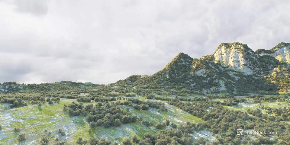 Scenic Natural Landscape With Rolling Green Hills Lush Trees And Rocky Peaks Under Cloudy Sky 3d model 
