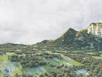Scenic Natural Landscape With Rolling Green Hills Lush Trees And Rocky Peaks Under Cloudy Sky 3d model