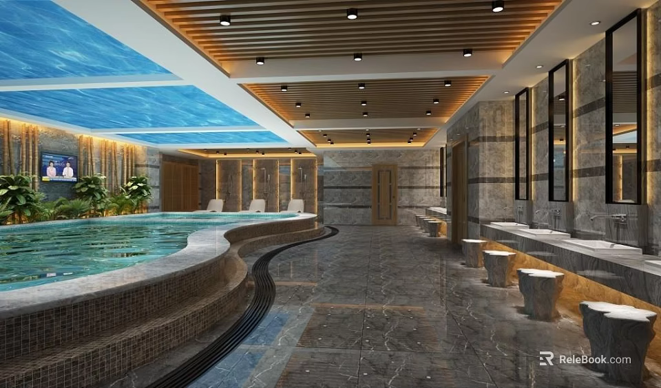 Luxurious SPA Sauna Interior With Pool Relaxation Area And Wooden Ceiling 3d model 