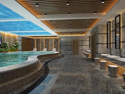 Luxurious SPA Sauna Interior With Pool Relaxation Area And Wooden Ceiling 3d model