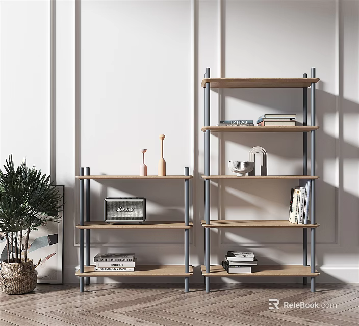 Modern Wooden Metal Frame Shelving Unit With Decorative Items And Books 3d model 