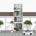 Three Story Single Family House With Red Brick White Wall On Tree Lined Street