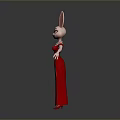Rabbit Woman In Red Long Dress With Rabbit Ears And Red High Heels Standing