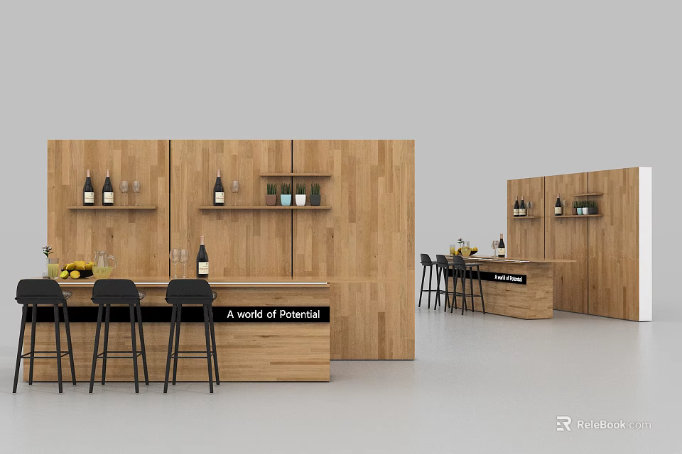 Wooden Bar Counter Interior With Black Bar Stools Wine Bottles Fruits And Shelves 3d model 