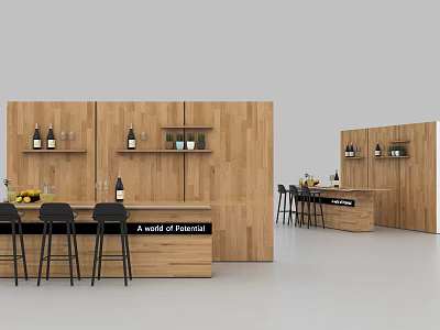 Wooden Bar Counter Interior With Black Bar Stools Wine Bottles Fruits And Shelves 3d model