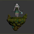 Light Blue Haired Female Character Standing On Green Rock Platform With Butterflies And Glowing Accents