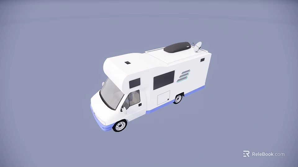 White Recreational Vehicle With Blue Bottom Satellite Antenna And Windows 3d model 