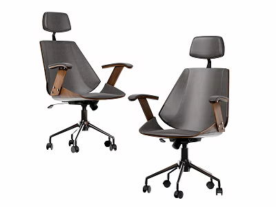 Gray Office Chair With Wooden Armrests Adjustable Headrest And Rolling Casters 3d model