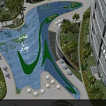 Garden Landscape Design With Blue Winding Pool Palm Trees Greenery Seating Areas And Modern Buildings