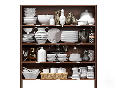 Assorted Kitchenware Collection With Plates Bowls Mugs And Vases On Wooden Shelf 3d model