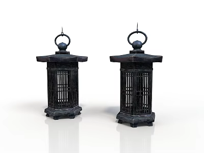 Traditional Black Lanterns With Classic Ring Top Square Base And Grid Design 3d model