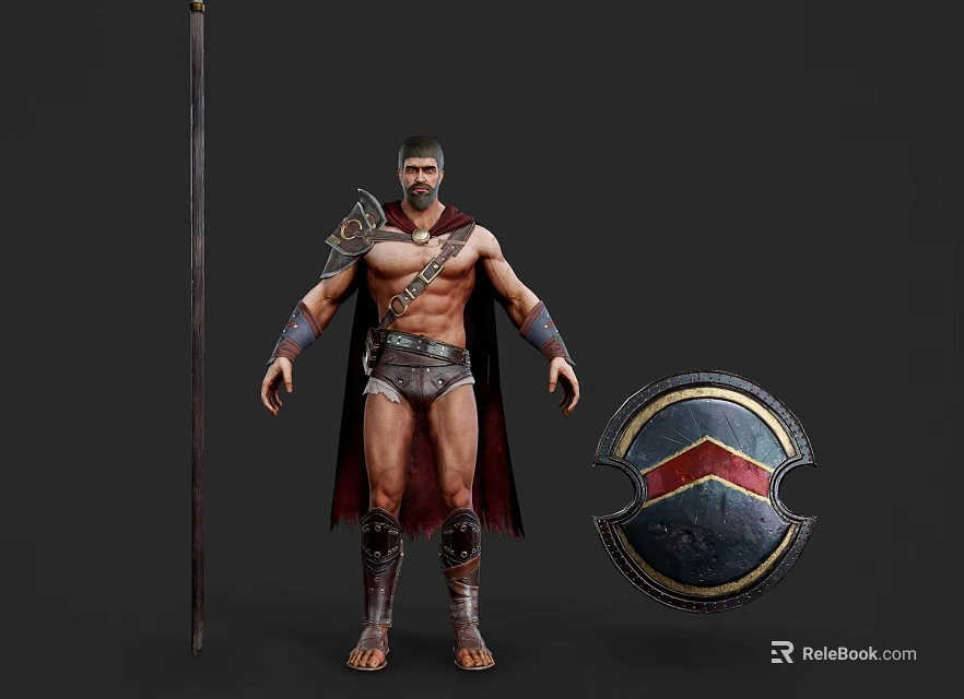 Muscular Man in Spartan Warrior Costume With Spear and Shield 3d model 